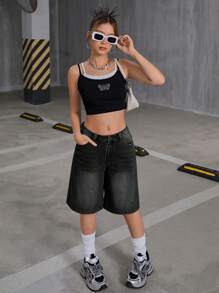 SHEIN 少女 Y2K 2000 年代复古水洗男友宽松休闲牛仔阔腿及膝牛仔裤短款，女孩秋季服装返校街头服饰 - 黑色 - 查看 3