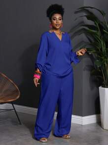 Slaydiva 2pcs/Set Plus Size Western Wear Casual Solid Notched Neck Long Sleeve Top And Pants Set Fall - Blue - View 5