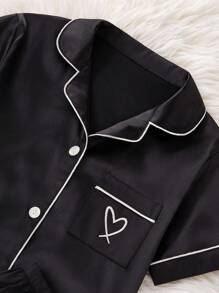 Girls Pajamas Set, Soft Solid Color Waffle Knit Applique Heart, Collar Button Short Sleeve & Shorts 2pcs For Teens - Black - View 5