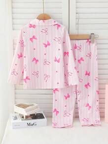 Young Girl Pajamas Set: Pink Bow Collar Long Sleeve Top & Pants Casual Comfortable 2 Pieces Loungewear, Mommy And Me Matching Outfits (Sold Separately In Sets Of 3) - Pink - View 2