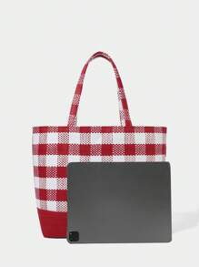 SHECARRY Vacation Casual Colorblock Plaid Large Capacity Tote Bag - Red - View 2