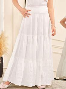 SHEIN Tween Girls' White Layered Ruffled Maxi Skirt, Casual Holiday Wear - White - View 3