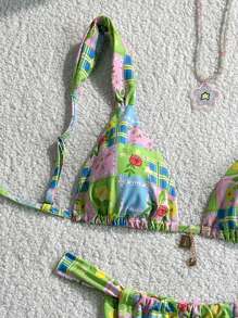 SHEIN Swim 2 Stücke/Set Sommer Urlaub zufälliges Muster Gold Palme Herz Dekor Bralette Triangel Top und Tanga Unterteil Bademode für Strandurlaub Frauen