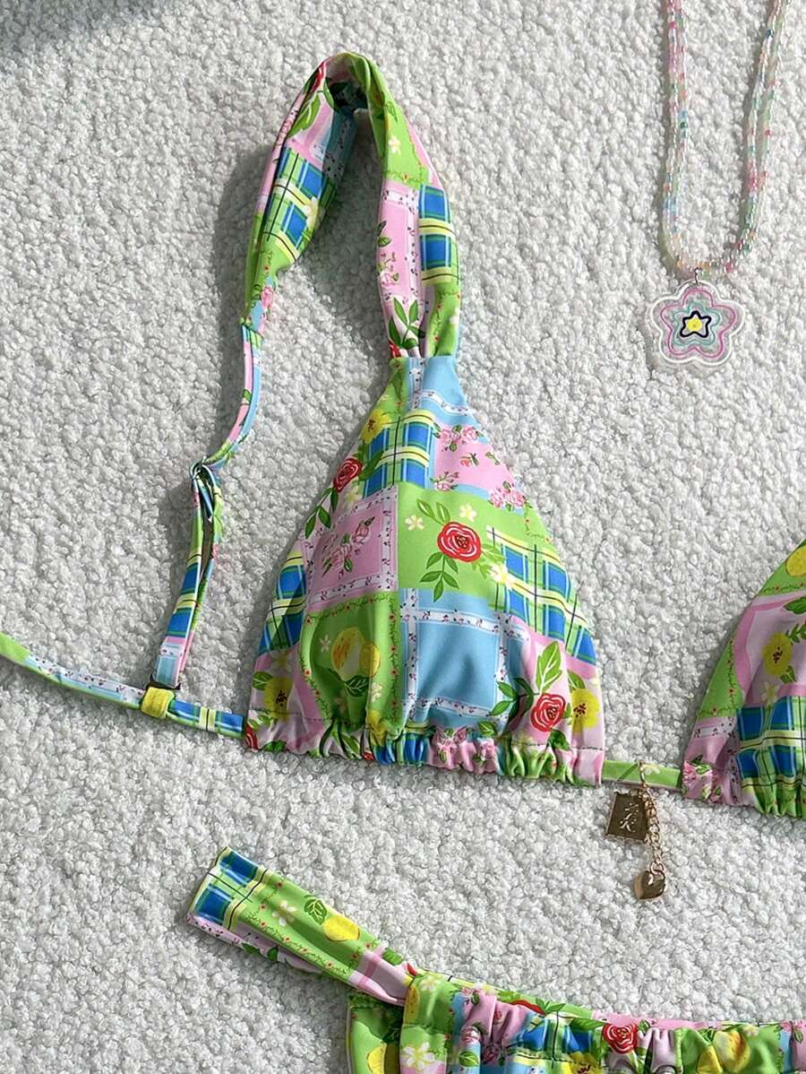 SHEIN Swim 2 Stücke/Set Sommer Urlaub zufälliges Muster Gold Palme Herz Dekor Bralette Triangel Top und Tanga Unterteil Bademode für Strandurlaub Frauen