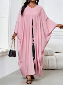 SHEIN Lady Vestido largo de túnica con mangas de murciélago abiertas, escote en V, pliegues y falda con abertura, en colores bohemios, casual y elegante, para primavera y verano, adecuado para pasear, playa u ocasiones casuales, tallas grandes, conjunto de 2 piezas para vacaciones