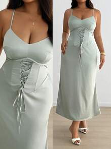 SHEIN Clasi Vestido Longo de Cetim Ajustado com Laço no Estilo Cortesão para Casamentos, Eventos Formais - Verde - Visão 1