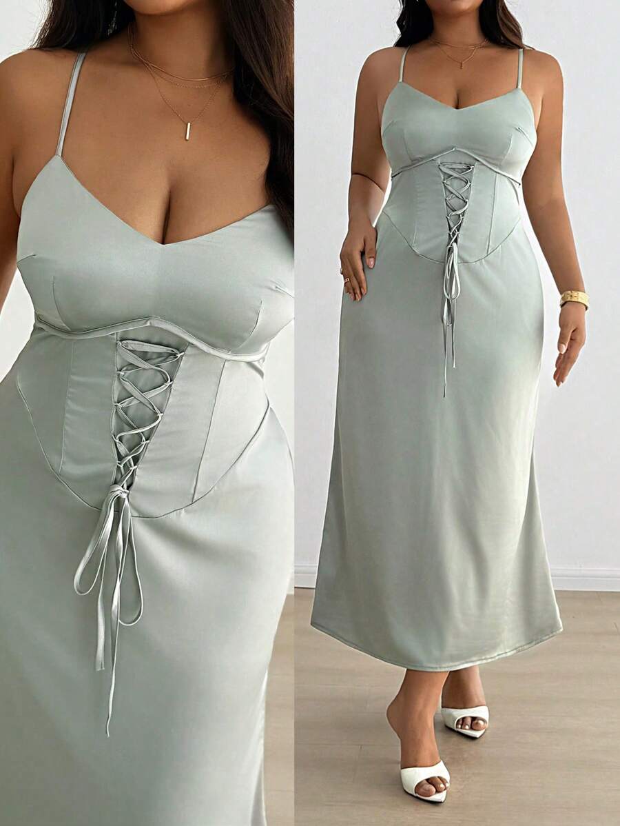 SHEIN Clasi Vestido Longo de Cetim Ajustado com Laço no Estilo Cortesão para Casamentos, Eventos Formais - Verde - Visão 1