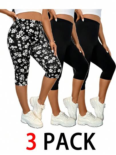 SHEIN Essnce Plus-Size Women's Leggings, Capri Pants, 3 Piecessets, Summer Leggings, Printed Leggings, Black Leggings