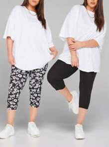 SHEIN Essnce 大码女士紧身裤，七分裤，3件套，夏季紧身裤，印花紧身裤，黑色紧身裤 - 彩色 - 查看 4