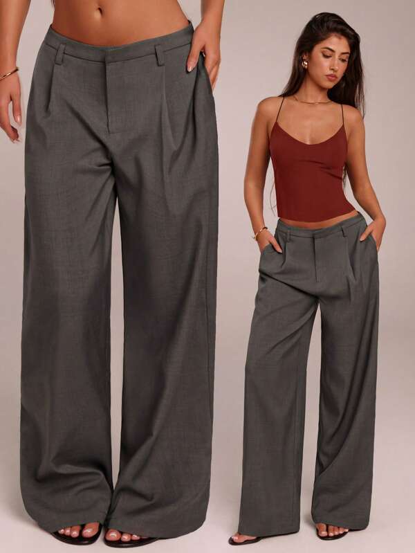 SHEIN Forever 21 Women's Dark Grey Woven Fabric Casual Long Pants With Zipper Detail