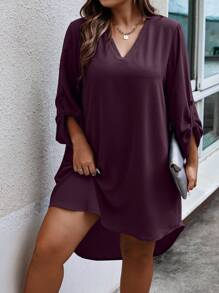 SHEIN LUNE 大码女式纯色V领翻边直筒休闲连衣裙 - 紫色 - 查看 1