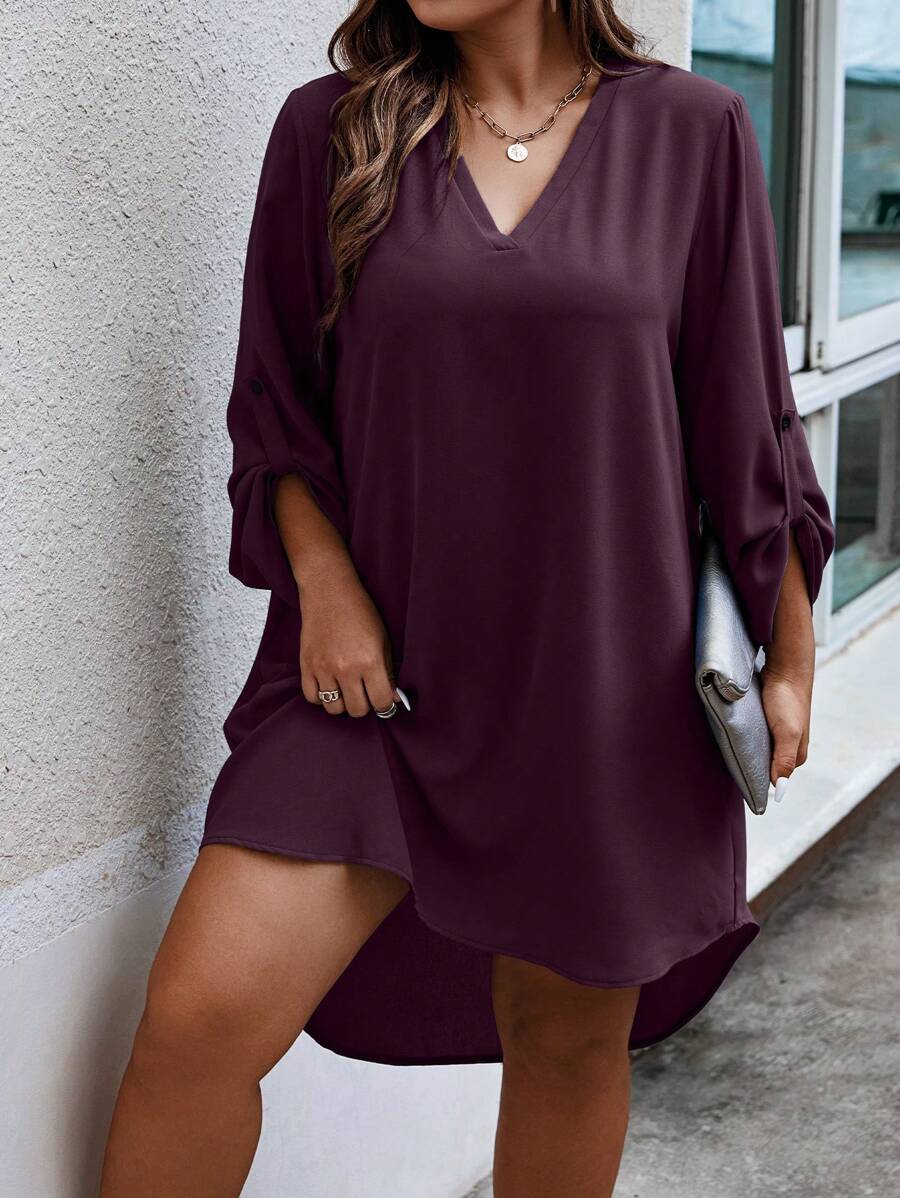 SHEIN LUNE 大码女式纯色V领翻边直筒休闲连衣裙 - 紫色 - 查看 1