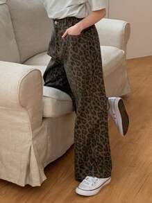 Hapijoa 少女牛仔裤，返校季豹纹印花 - 棕色 - 查看 4