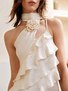 SHEIN LUNE Đầm Maxi Sexy Dây Đeo Spaghetti Màu Trơn Viền Xếp Ly Viền Xếp Nếp Cho Nữ, Thích Hợp Cho Tiệc/Hẹn Hò, Mùa Xuân/Hè - Màu be - Xem 2