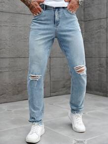 Manfinity Homme Light Blue Denim Casual Elastic Skinny Ripped Pants For Men - Light Wash - View 3
