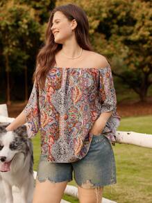 LanaWest Damen Große Größen Bluse mit Off-Shoulder, weitem, schmeichelhaftem asymmetrischem Ditsy Blumenmuster - Verschiedenfarbig - Übersicht 5