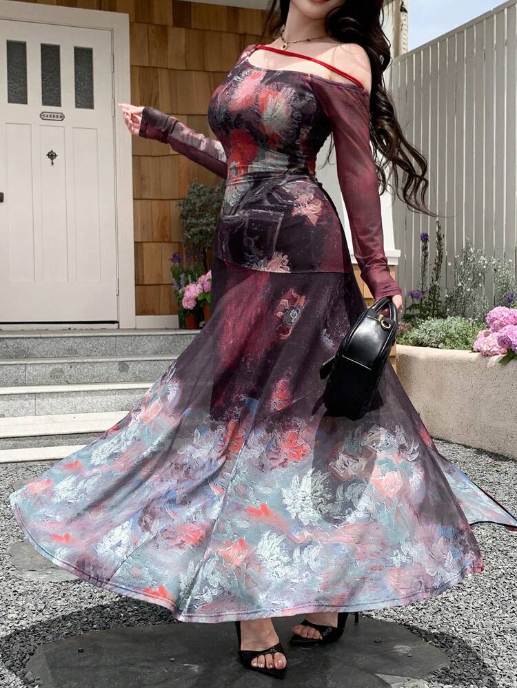 Tie-Dye Tie Dye Spaghetti Strap Sexy Wrap Dress, Fall Long Sleeve Dress Maxi Dress