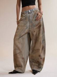 Easelle 女式高腰阔腿做旧复古水洗牛仔裤 - 黃色 - 查看 7