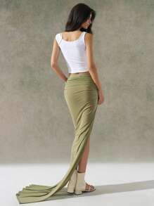 LYSMO Green Solid Color A-Line Skirt, Fashionable For Summer