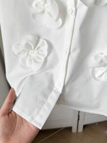 SHEIN Tweens Girls Oversized Casual Simple Comfort Floral Embellished Collared Long Sleeve Shirt - White - View 4