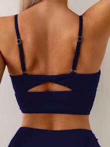 Swim Basics 女式吊带上衣和收腹短裤比基尼套装，纹理面料，高腰，黑色，夏季休闲度假 - 藏蓝色 - 查看 3