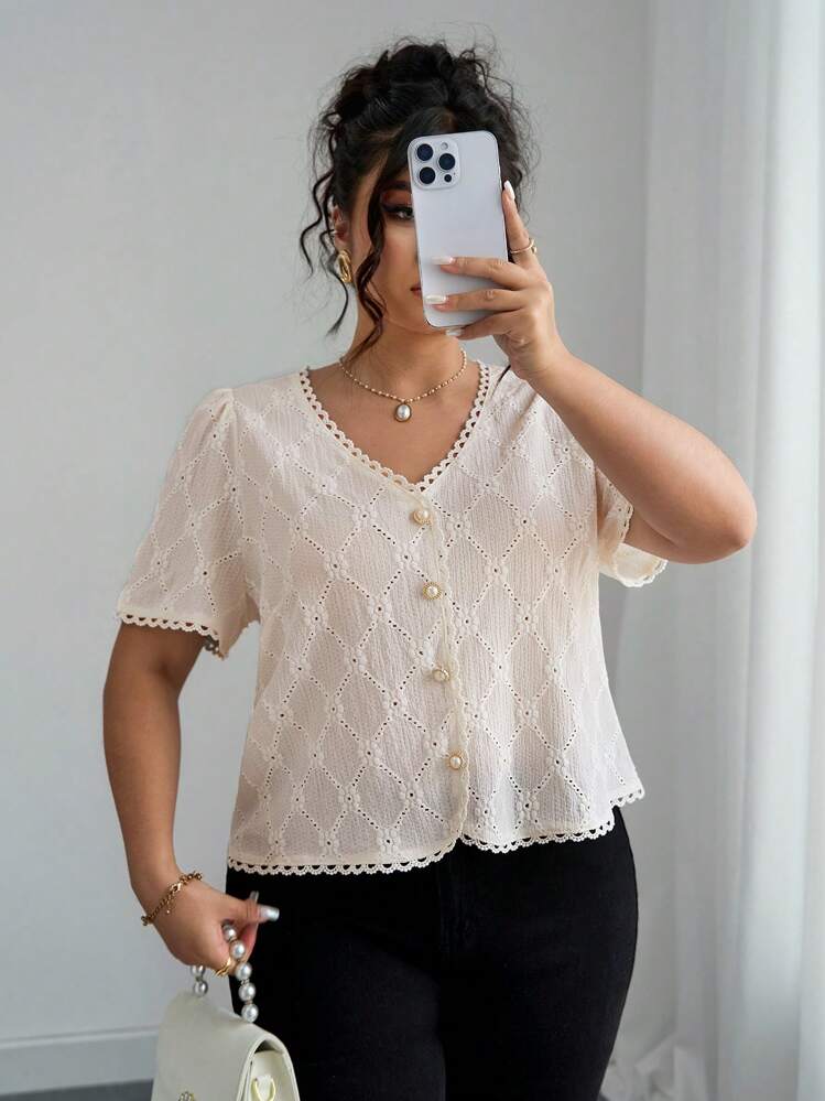 Elenzga بلوزة نسائية أنيقة بأكمام قصيرة وياقة على شكل حرف V، بلون بيج عصري بأسلوب بوهيمي - لون مشمشي - مشاهدة 6