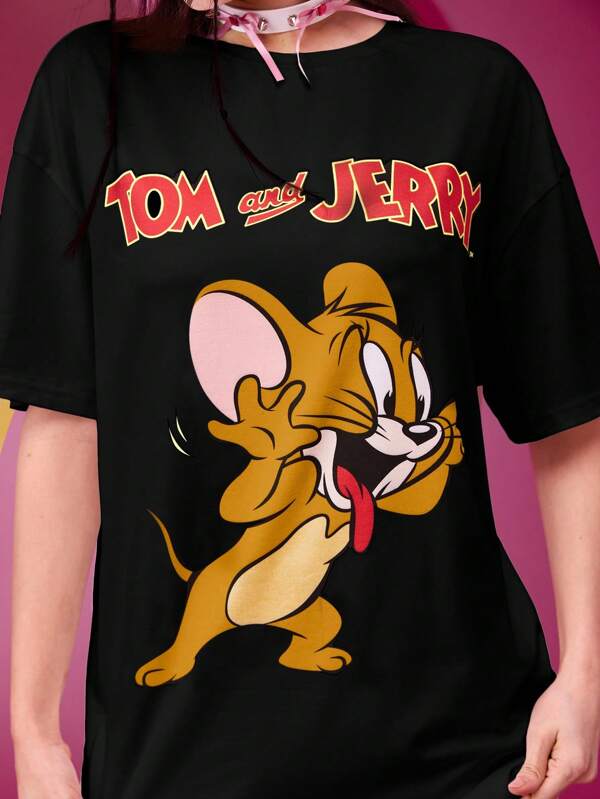 TOM & JERRY X SHEIN Women's Round Neck Drop Shoulder Super Loose White T-Shirt, Couple T-Shirt, Fun Cartoon Pattern, And Casual, Super Loose T-Shirt, Daily, Valentine's Day,Spring And Summer