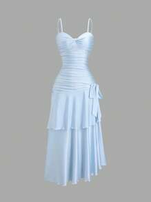 Sweetra Women's Summer Knit Camisole Dress With Twist Front And Double Layer Ruffle Hem, Long - Blue - View 1