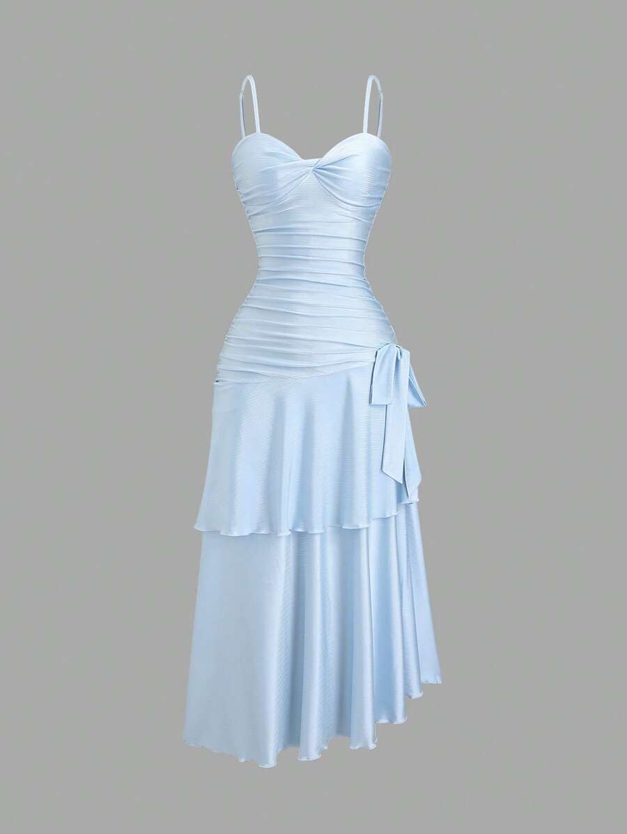 Sweetra Women's Summer Knit Camisole Dress With Twist Front And Double Layer Ruffle Hem, Long - Blue - View 1