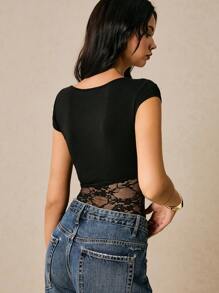 Poéselle Women's Contrast Lace Bodysuit With Capped Sleeves, Slim Fit & Sexy