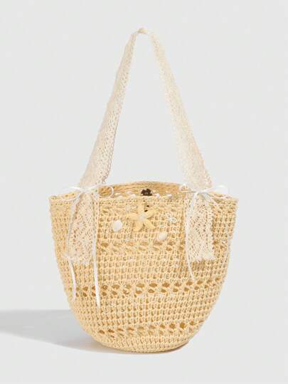 Kawaii 1 قطعة حقيبة منسوجة من القش مزينة بالدانتيل الأنيق والفيونكة والنجوم البحرية والصدف واللؤلؤ الاصطناعي، تصميم زهري لحفلات الزفاف والمنتجعات البحرية والشاطئ