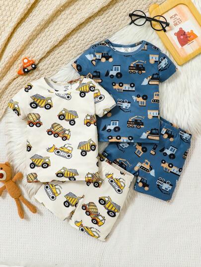 SHEIN Dozemod Kids Baby Boy 4pcs Soft Cozy Cartoon Car Pattern Round Neck Short Sleeve Tee & Shorts Pajama Set