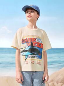 Shark Week X SHEIN Tween Boys Casual Apricot Shark Print Short Sleeve T-Shirt