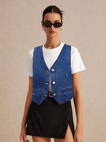 Poéselle Sexy Sleeveless Denim Vest - Blue - Dark Wash - View 3