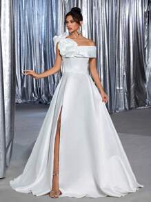 Glamrae Váy Maxi hở vai sang trọng, thanh lịch, xếp nếp cao, xẻ tà, có đuôi váy, thích hợp cho đám cưới, sự kiện, tiệc độc thân, tuần trăng mật, dạ hội, cô dâu - Màu be - Xem 7