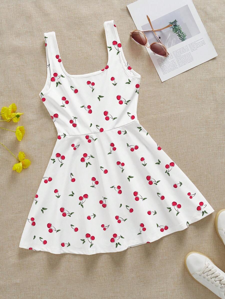 SHEIN EZwear 女士休闲简约樱桃印花图案迷你连衣裙,适合夏季 - 彩色 - 查看 1