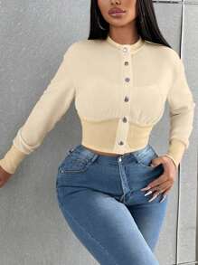 VaVaBold Chaqueta corta de mujer de un solo botonadura, de manga larga, de unicolor y con parches - Albaricoque - Ver 5