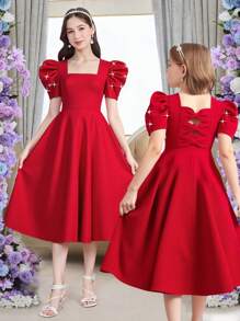 女童红色纯色短袖连衣裙，年轻女士红色串珠泡泡袖连衣裙，露背蝴蝶结设计，时尚甜美复古风格，优雅公主裙