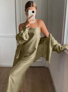 Livesso Bộ đồ hai mảnh dành cho nữ mặc hàng ngày, bộ đồ mặc nhà bằng vải lanh cho nữ dịp Lễ Phục Sinh. - màu xanh lá - Xem 4