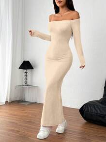 Gloray Đầm Maxi hở vai xẻ cao màu đỏ gợi cảm - Màu be - Xem 6