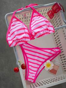 Swim Mod Women Stripe Print Halter Knotted Tankini Bikini Set Set For Summer Beach Vacation - Pink - View 4