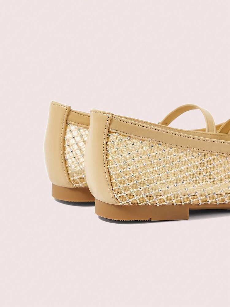 CUCCOO DOLLMOD Women's Round Toe Flats With Crystal Decor, Beige Mesh Material, Fashion Comfortable Breathable Casual Loafers