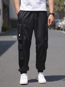 Manfinity Homme 男士成熟休闲多口袋设计卷边裤 - 黑色 - 查看 3