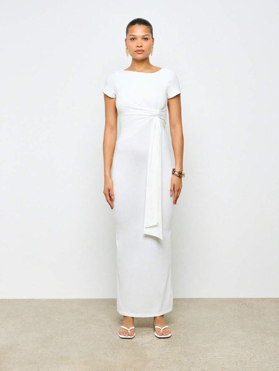 AiiRZ T-Shirt Fitted Maxi Dress With Side Drape Ruching - White - View 1