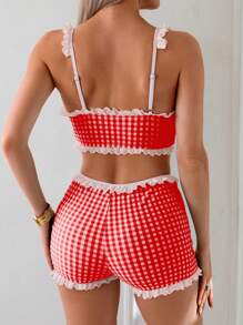 2 件套女士绿色格子随机花卉印花蝴蝶结领口荷叶边下摆上衣 + 腰腿下摆荷叶边下摆短裤休闲可爱简约吊带背心比基尼套装