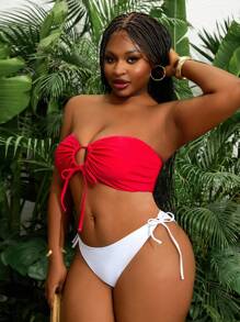 Slaydiva Plus Size Sexy Animal Print Bustier Top With Drawstring, Swimwear
