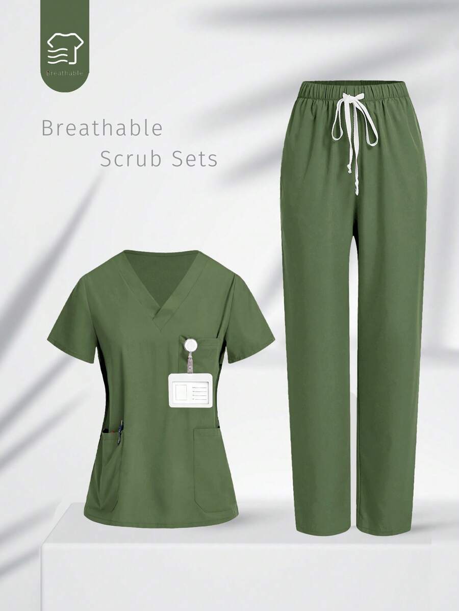 TaskEZ Uniform Set: V-Neck Short Sleeve Tailored Blouse And Drawstring Straight Leg Casual Pants, Scrub Sets - Mint Green - View 1