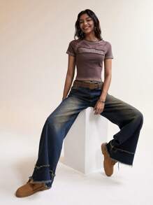 Easelle 复古刺绣修身短款T恤，夏季