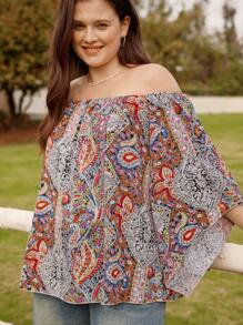 LanaWest Damen Große Größen Bluse mit Off-Shoulder, weitem, schmeichelhaftem asymmetrischem Ditsy Blumenmuster - Verschiedenfarbig - Übersicht 7