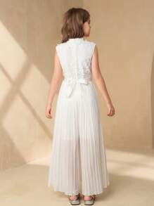 SHEIN Tween Girl Elegant Lace Leaf Pattern Stand Collar Pleated Jumpsuit, Suitable For Wedding Season & Party - White - View 2